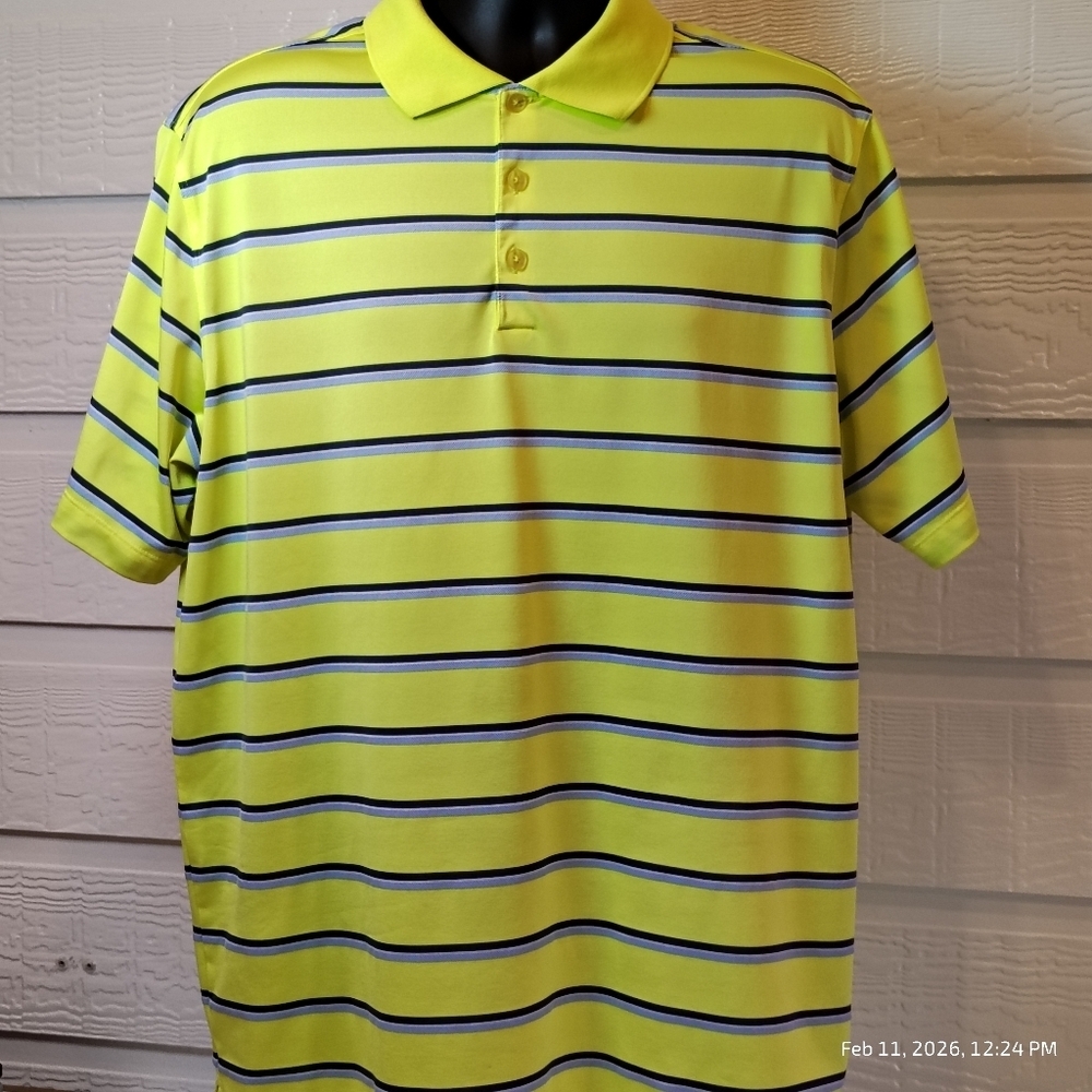 Nike Golf Polo Shirt Mens XL Neon Yellow Striped Performance Fit‎ Dry ATHLETIC